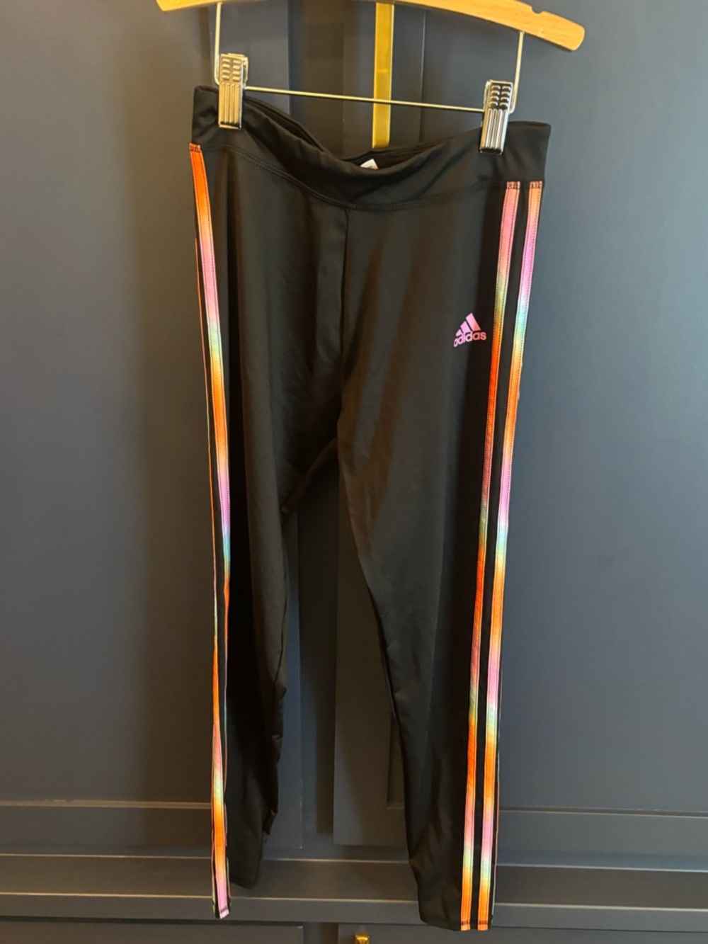adidas Black Leggings with Rainbow Stripe Trim